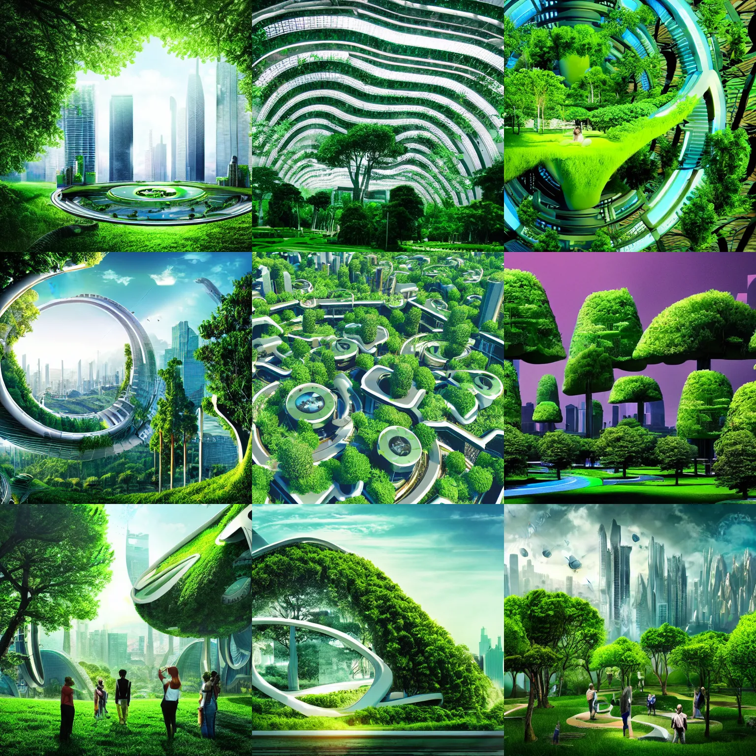 Prompt: a futuristic green utopian city, abundance, life, beauty, trees, movie still