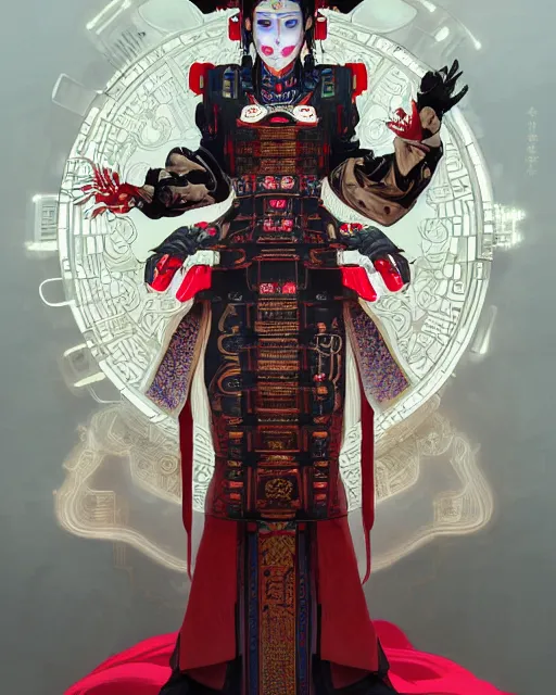 Image similar to portrait of a chinese cyberpunk machine, machine face, robed, upper half portrait, decorated with chinese opera motifs regal royal fierce machine robot cyberpunk fine china, wuxia, traditional chinese art intricate intense elegant highly detailed digital painting artstation concept art smooth sharp focus illustration, art by artgerm and greg rutkowski alphonse mucha 8 k