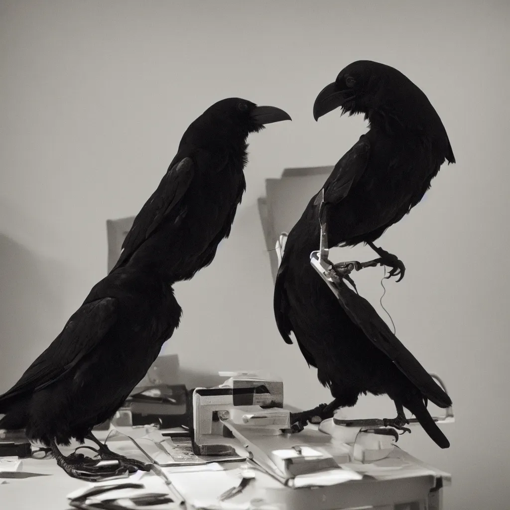 Image similar to a photograph of a raven using a computer, filmic, dramatic lighting