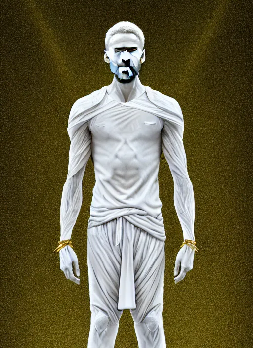 Image similar to a statue made of white marble with gold veins, of steph curry playing a modular synthesizer, transhumanism, full body shot, perfect symmetrical body, perfect symmetrical face, hyper realistic, hyper detailed, by johannen voss, by peter kemp, by monia merlo, by michelangelo, octane render, blender, 8 k