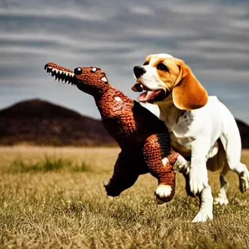 Prompt: gigantic beagle fighting with godzilla