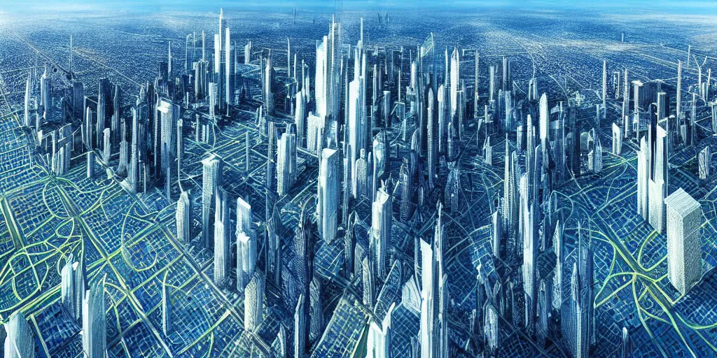 Prompt: utopian solarpunk city, daytime, clear blue skies, small white skyscrapers in the distance, flying cars, ultra high definition, ultra detailed, symmetry, sci - fi, by vincent callebaut