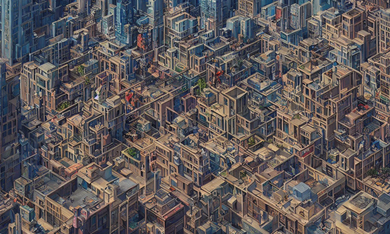 Prompt: A hyper real comic book style portait painting of downtown los angeles in the style of MC Escher, Maurits Cornelius Escher, unreal 5, hyperrealistic, octane render, cosplay, RPG portrait, dynamic lighting