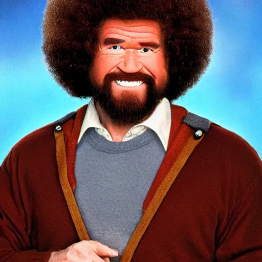Prompt: bob ross as the worlds strongest man, high detail, vivid colors, happy little trees,