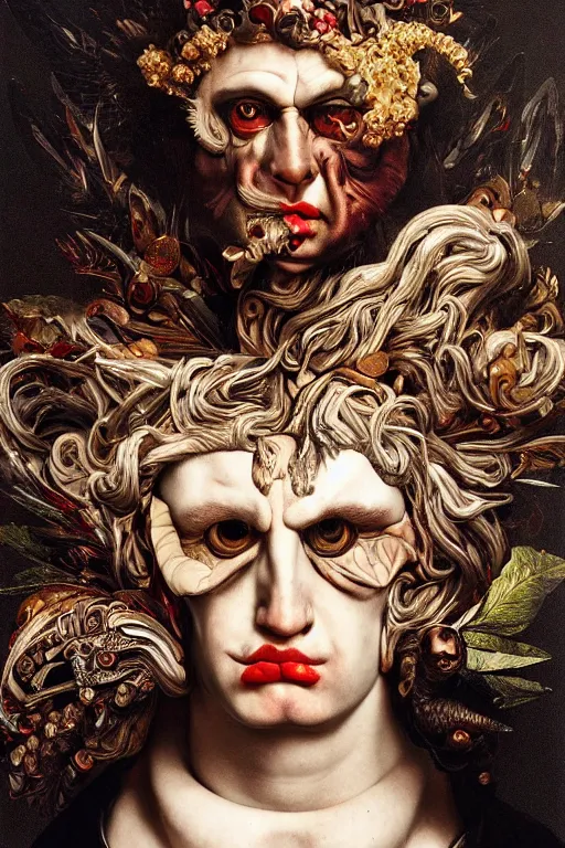 Prompt: Detailed maximalist portrait a Greek god with large white eyes and an angry face, HD mixed media 3d collage, highly detailed and intricate, surreal illustration in the style of Caravaggio, dark art, baroque