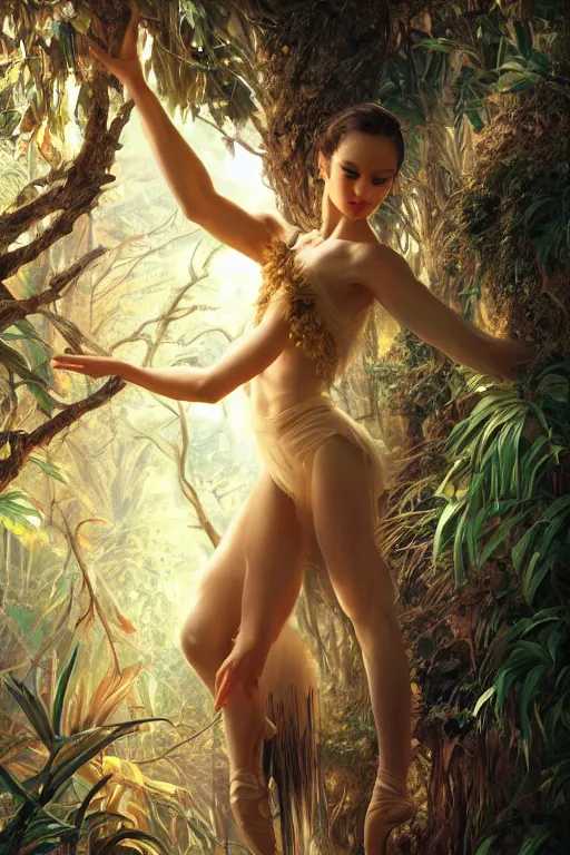 Prompt: stunningly beautiful, prima ballerina in jungle, symmetrical face, golden hour, smooth, focus, highly detailed, hyper realistic, dramatic lighting, elegant, intricate, concept art, art by wlop, mars ravelo, greg rutowski
