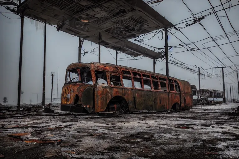 Image similar to low wide angle shot of dilapidated fallout 5, desolate rugged industrial area, few rusted retro futuristic vintage abandoned vehicles like cars, ( ( ( buses, trucks, trams ) ) ), volumetric lighting, photorealistic, foggy, early evening, winter, sharp focus, ultra detailed, 4 0 0 0 k