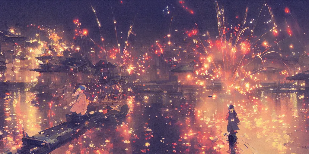 Image similar to anime kyoto animation key by greg rutkowski night, fireworks festival at river bank, kimono