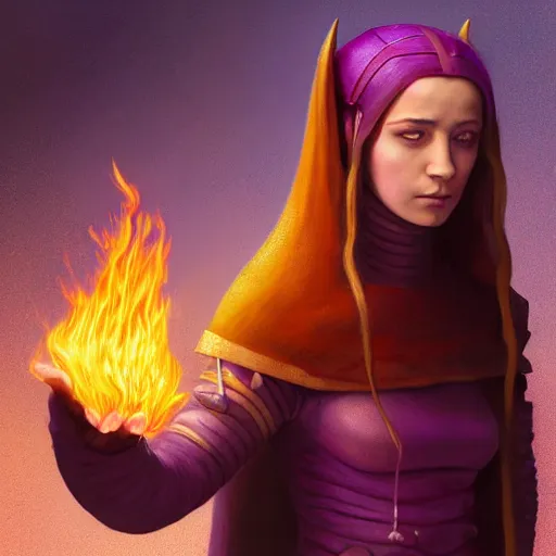 Prompt: A professional digital portrait painting of a young adult female tiefling sorcerer with skin made of fire, dressed in light armor, 4k, digital art, trending on cgsociety, renaissance painting, highly detailed, head and shoulders shot, shallow depth of field, purple and yellow lighting, professional lighting, The Grand Budapest Hotel, airbrush, Hayao Miyazaki