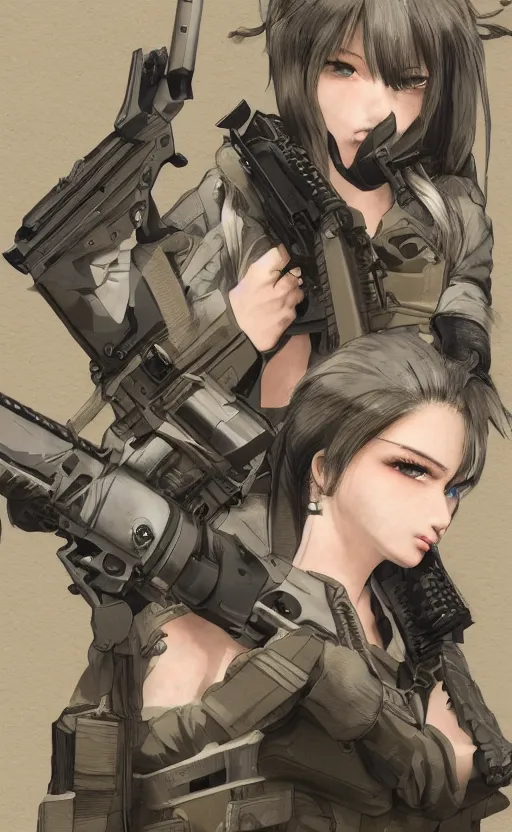 Image similar to highly detailed, high resolution, character design art, stunning, volumetric lightning, realistic guns, girls frontline style, matte, sharp focus, intricate, 150mm, illustration, artstation, by yoshihiro togashi, realistic human anatomy, simple design, realistic military gear, metal gear style