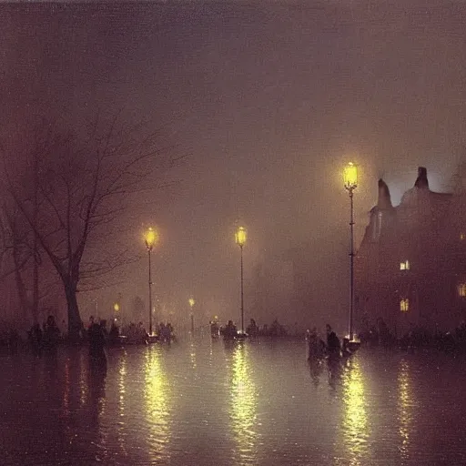 Image similar to New york City, flooded winter, at night, streetlights on, Ivan Aivazovsky