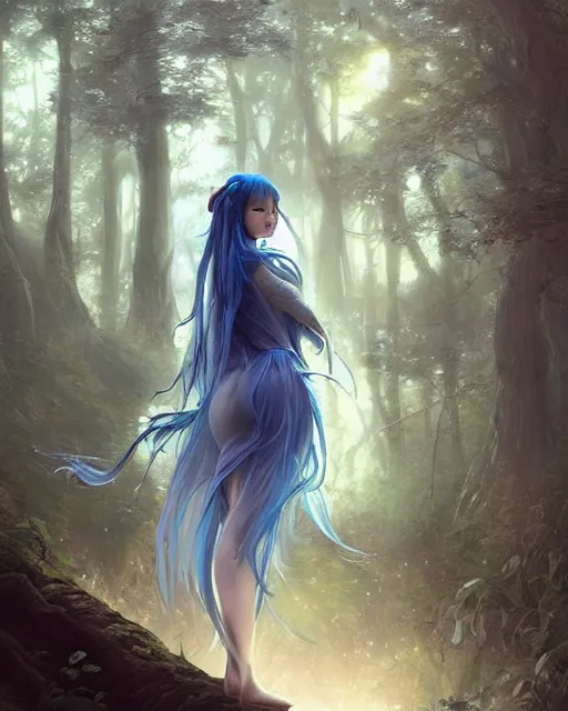 Prompt: stunningly beautiful female blue hair, cute korean actressr, antasy art, fae priestess, lush forest landscape, dark light night, sharp focus, digital painting, 8 k, concept art, art by wlop, artgerm, greg rutkowski and alphonse mucha