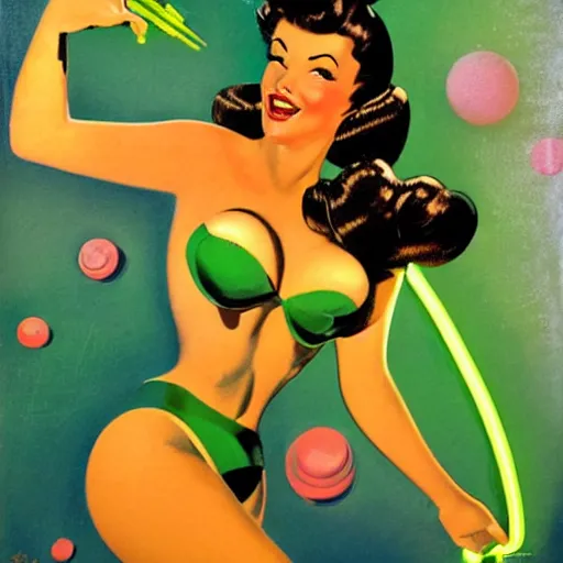 Prompt: portrait of pin up robot in a neon green bikini, art by gil elvgren, earl moran, joyce ballantyne, art frahm