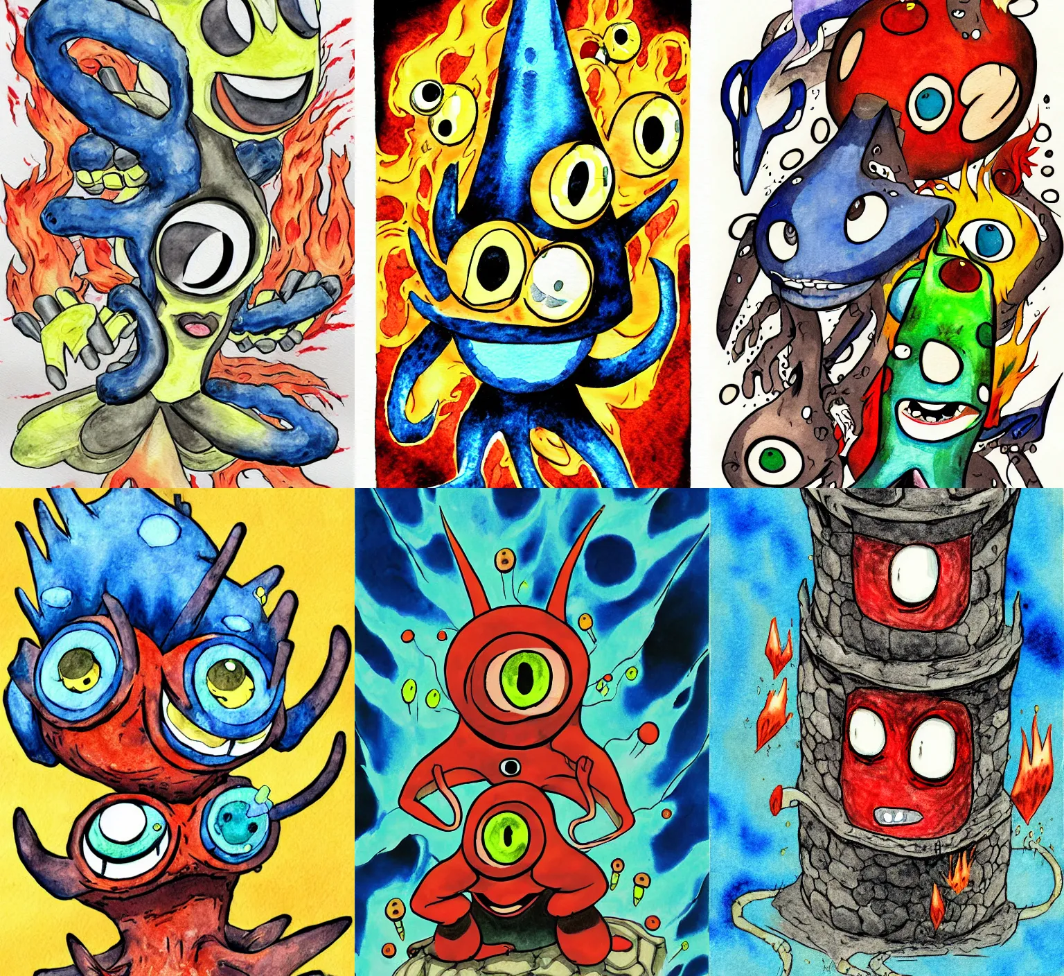 Prompt: Rock/Fire chimney Ultra Beast with too many eyes by Ken Sugimori, watercolor, digitally remastered, ink on paper