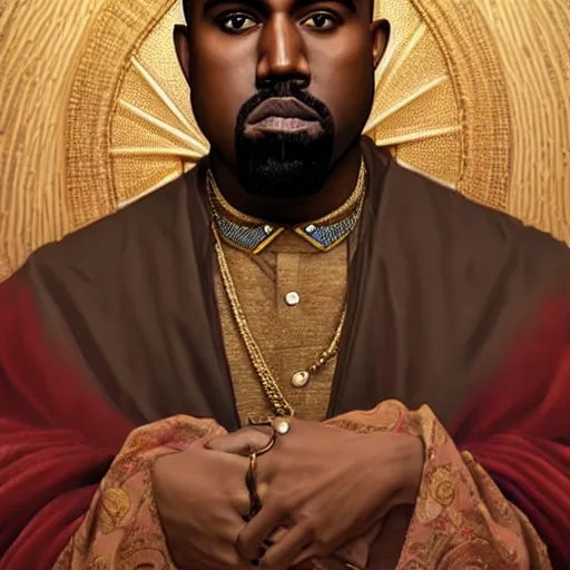 Prompt: portrait of kanye west dressed in traditional jewish outfit, religious, intricate, headshot, highly detailed, digital painting, artstation, concept art, sharp focus, illustration, art by artgerm and greg rutkowski and alphonse mucha