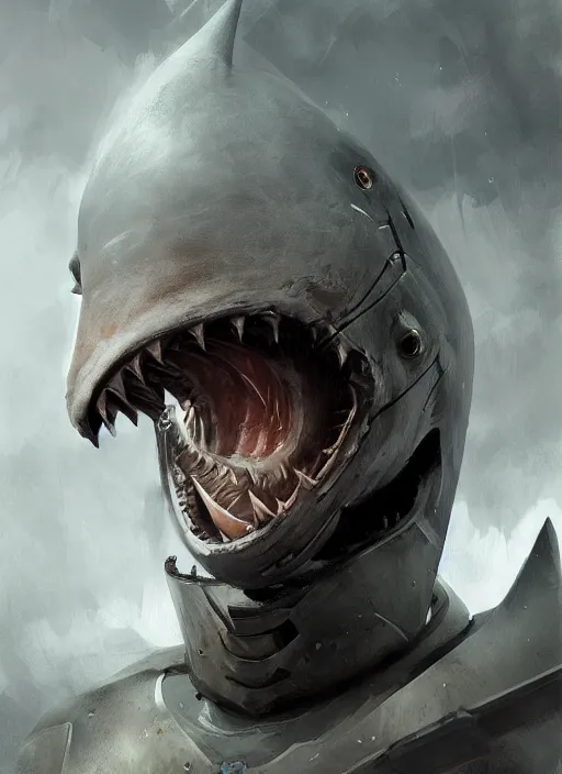 Image similar to digital painting of a human shark wearing knight armor, shark head, fantasy, portrait, scifi, realistic, detailed, concept art, ruan jia, wlop