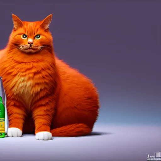 Prompt: a fluffy cat standing next to a bottle of medicine. orange cat. the cat was in a room with yellow background color. animal. digital art. artstation. realistic. vibrant. illustration. in the style of pixar movie. octane render. art by artgerm and greg rutkowski and alphonse mucha. volumetric lighting