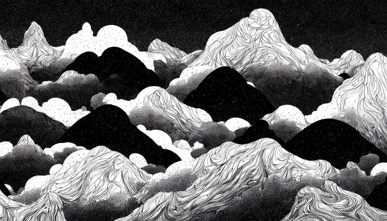 Image similar to clouds beneath mountain peaks by nicolas delort, moebius, victo ngai, josan gonzalez, kilian eng