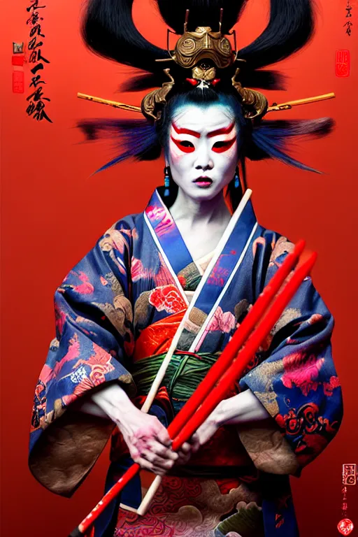 Prompt: an insane kabuki warrior wielding a spear while emitting a visible aura of madness, intricate kimono, red wig, crossed eyes, hazy atmosphere, high energy, in the style of fenghua zhong and ruan jia and jeremy lipking and peter mohrbacher, mystical colors, rim light,