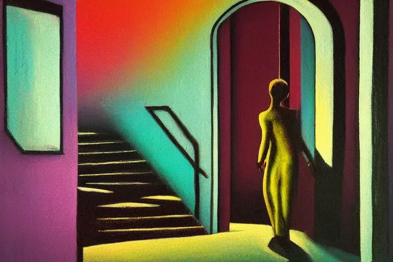 Prompt: An surreal painting of a figure walking up the stairs into a mysterious room with a mysterious light, pastel colours, vibrant, happy, uplifting,