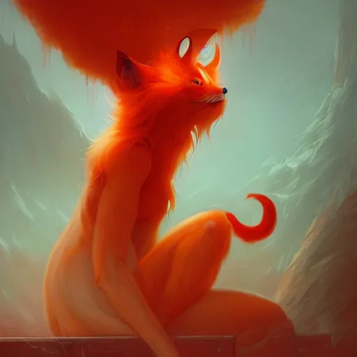 Image similar to prompt A beautiful red orange fluffy kumiho, concept art, matte painting, by Peter Mohrbacher