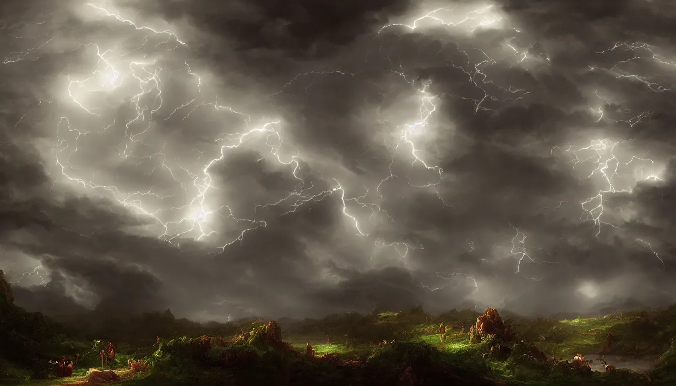 Prompt: a gorgeous dark enchanted storm, in the style of thomas cole and pixar, hyperrealism, path tracing, trending on artstation