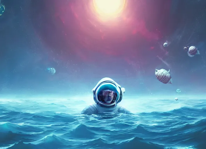 Prompt: a dreamlike scene of an astronaut swimming through the ocean surrounded by aliens, masterpiece, illustration, perfect, trending on pixiv, trending on artstation