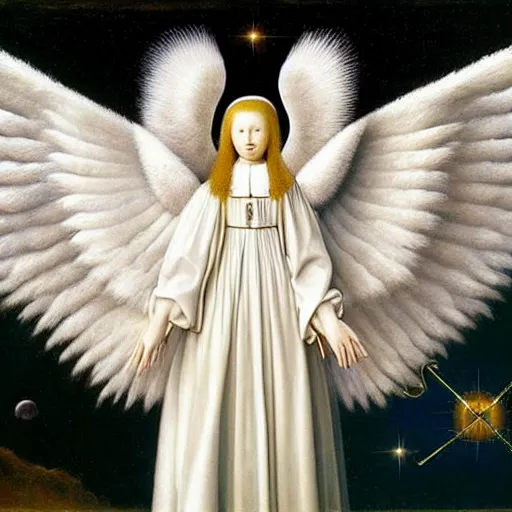 Prompt: highdetailed hyperrealistic painting of white angel!!! no gender!!!, giant ball of miracle light from the chest!!!!!, 4 k hd fur face!!!, big wings, by jan van eyck, holography space, white sparkles everywhere, thin strokes, white monochrome color!!!!!