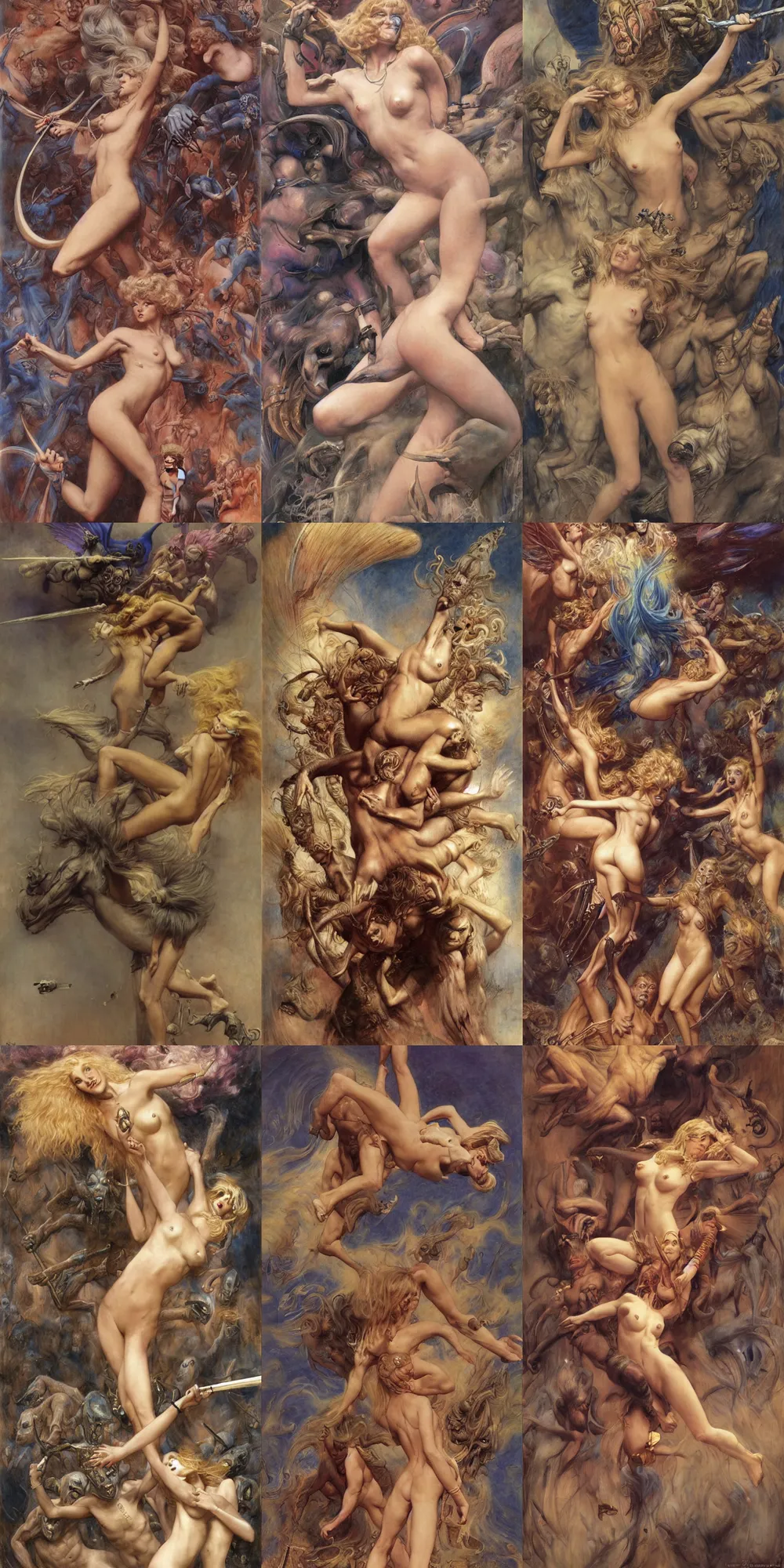 Prompt: a blonde supermodel fighting blue demons, by wayne barlowe, by gustav moreau, by goward, by gaston bussiere, by roberto ferri, by santiago caruso, by luis ricardo falero, by austin osman spare, by saturno butto