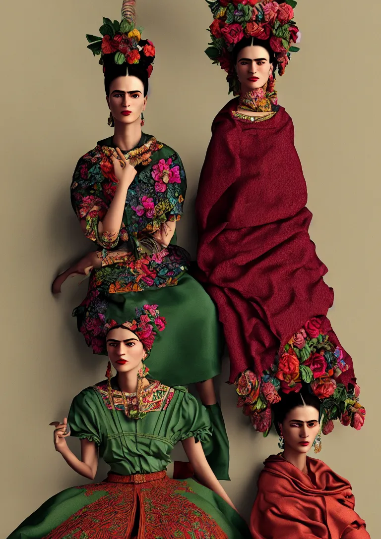 Image similar to cloths on frida khalo style, high detailed intricate fashion clothing, cotton texture, silk colors, ultra realistic, octane render, volumetric lights, long, wide skirts, loose - fitting blouses, elaborate hairstyles, and intricate embroidery