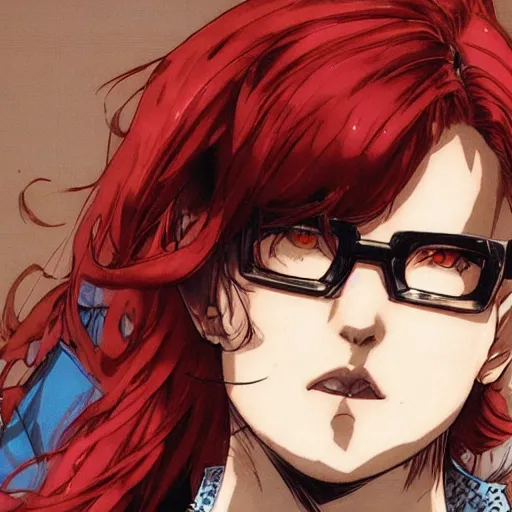 Image similar to chubby beautiful redhead nerd with thick eyebrows, yoji shinkawa