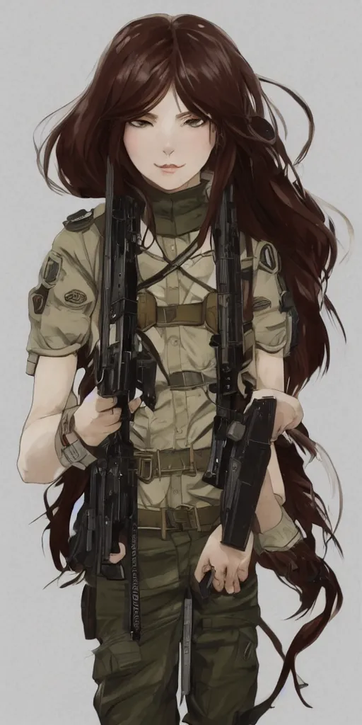 Image similar to soldier girl, concept art, anime style, long hair, hair down, symmetrical facial features, from girls frontline, hyper realistic, pale skin, 4 k, rule of thirds, extreme detail, detailed drawing, trending artstation, hd, fantasy, d & d, realistic lighting, by alphonse mucha, greg rutkowski, sharp focus, backlit, soldier clothing