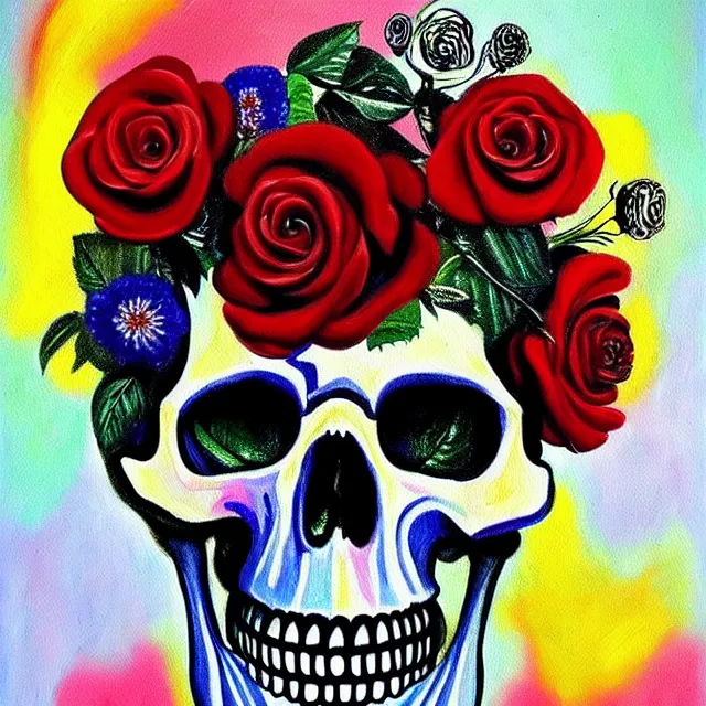 Image similar to a beautiful painting skull rose, by kusama miyama and jean michel basquiat realistic oil painting