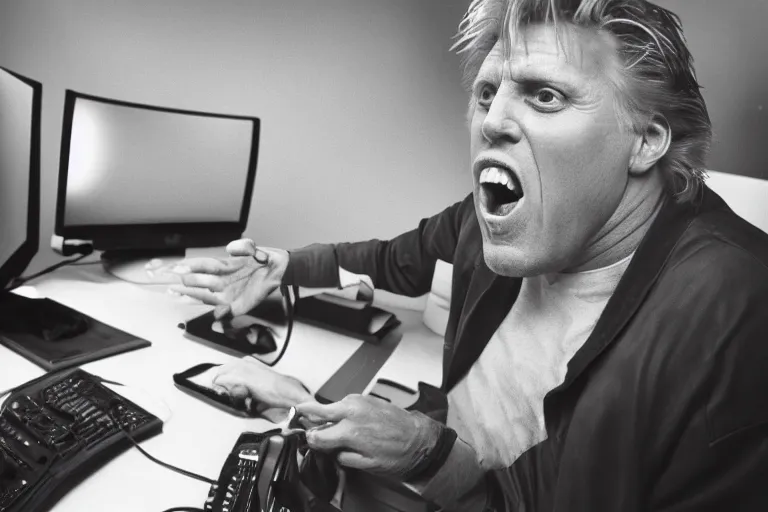 Image similar to gary busey screaming at a desktop computer in 1 9 9 9, ( sony a 7 r iv, symmetric balance, polarizing filter, photolab, lightroom, 4 k, dolby vision, photography awardm, voque, perfect face )