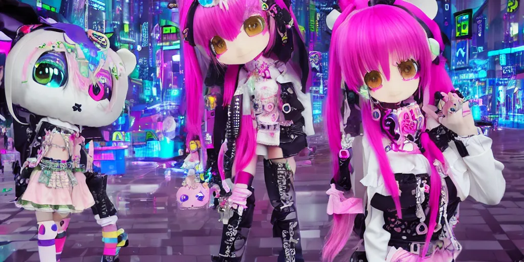 Image similar to 3 d anime render of a decora gyaru kawaii cybergoth emo fashion model vtuber, in a cyberpunk blade runner maximalist city of my melody sanrio plushies, wlop artstation imaginefx