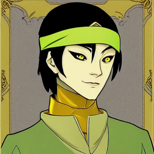 Image similar to toph beifong glow - up, art nouveau, green, yellow, gold, realistic eyes