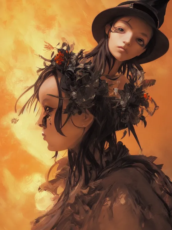 Prompt: Full shot of a mischievous young witch about to get up to some trouble. Latin American fashion. Black and Orange palette. Latina girl. brown skin. Symmetrical facial features. By Ruan Jia and Artgerm and Range Murata and WLOP. Key Art. Fantasy Illustration. award winning, Artstation, intricate details, realistic, Hyperdetailed, 8k resolution.