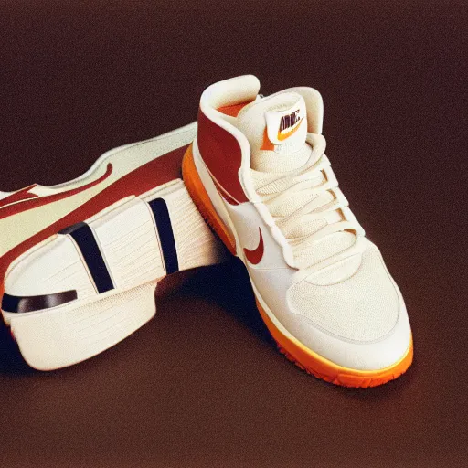 Image similar to a studio photoshoot of Nike sneakers designed by Tom Sachs, cream leather with knitted mesh material, gum rubber outsole, realistic, color film photography by Tlyer Mitchell, 35 mm, graflex