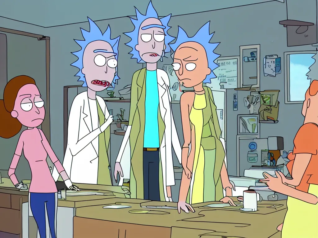 Image similar to a still from a female version of rick and morty