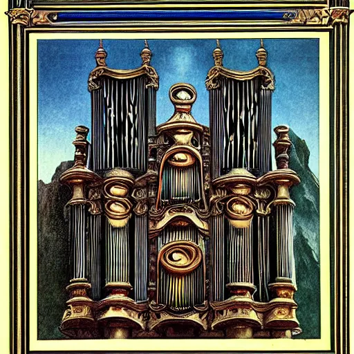 Image similar to pipe organ music album art by alan lee and albrecht durer