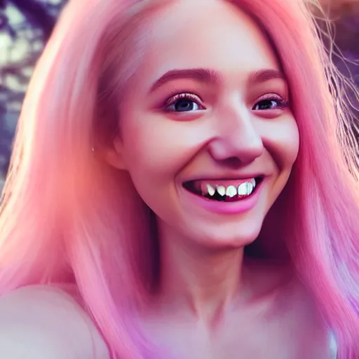 Prompt: beautiful hyperrealism selfie of a cute 3 d young woman smiling smugly, long light pink hair, flushed face, small heart - shaped face, amber eyes, golden hour, 8 k, instagram