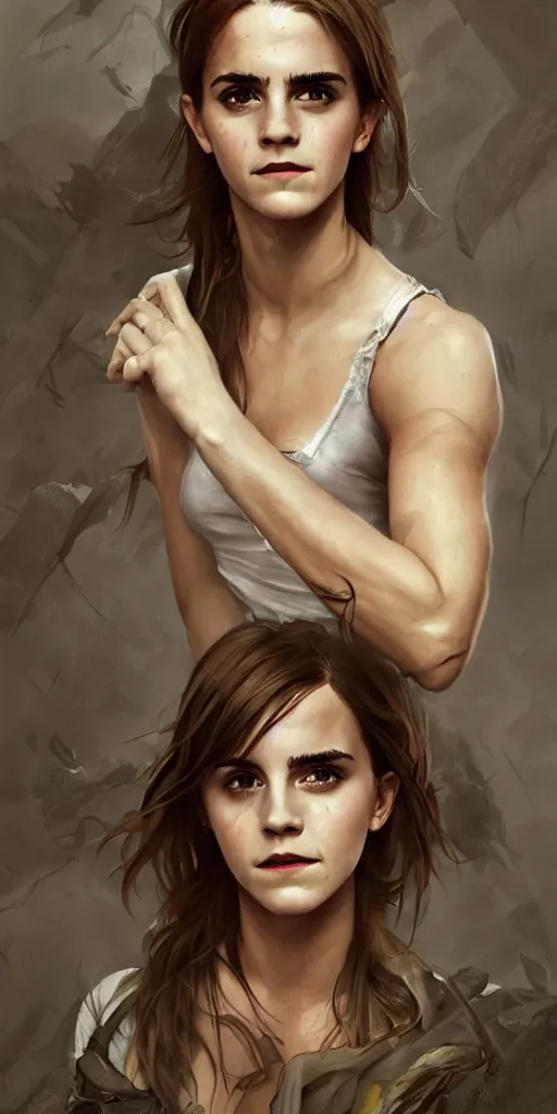 Image similar to clear portrait of emma watson, sinister appearance, ripped clothing, athletic, cottagecore!!, background hyper detailed, character concept, full body, dynamic pose, intricate, elegant, highly detailed, digital painting, artstation, concept art, smooth, sharp focus, illustration, art by artgerm and greg rutkowski and alphonse mucha