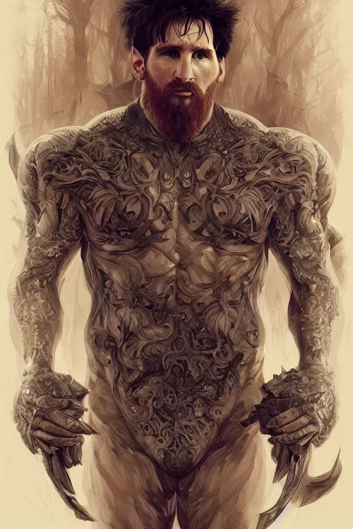 Image similar to portrait of lionel messi as a hulking herculean demon, forest, godlike, full body, fantasy, intricate, elegant, highly detailed, digital painting, artstation, concept art, sharp focus, illustration, art by artgerm and greg rutkowski and alphonse mucha