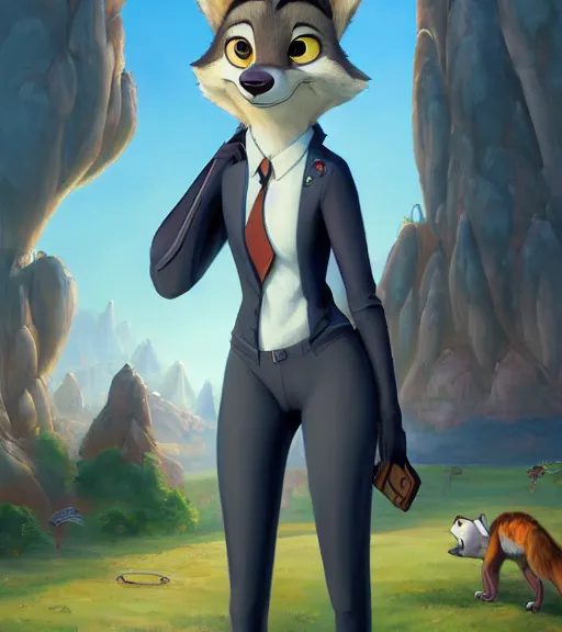Image similar to oil painting of full body of anthromorphic female wolf, in style of zootopia, zootopia, zootopia, fursona, furry, furaffinity, 4 k, deviantart, furry art, fursona art, wearing black business suit, business suit, in style of zootopia, wolf fursona, cyberpunk, female, expressive detailed feminine face,