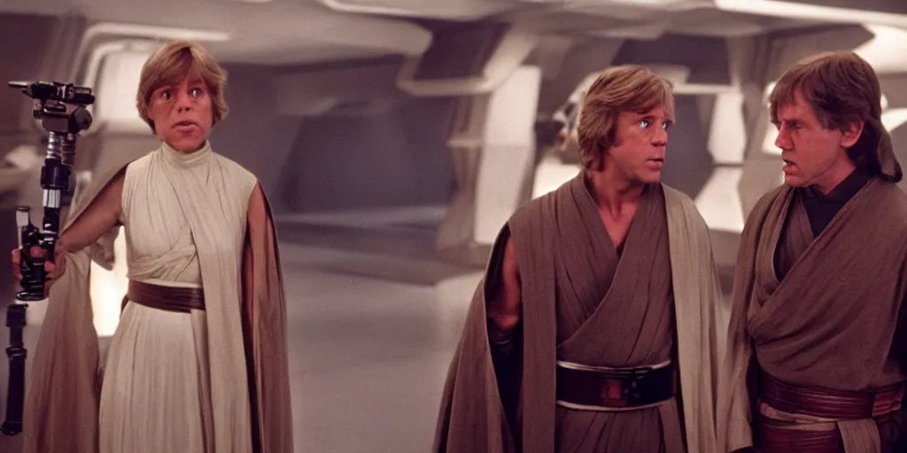 Prompt: screenshot from unreleased Star Wars film, Jedi Luke Skywalker played by Mark Hammil teaches Princess Leia the ways of the force, they stand in a jedi Temple, 1970s film by Stanely Kubrick film, color kodak, Ektachrome, anamorphic lenses, detailed faces, hyper-realistic, photoreal, detailed portrait, moody cinematography, strange lighting