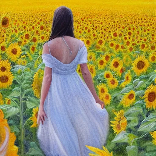 Image similar to a girl slowly walking through amazing tall sunflower field, her hair flowing down, subtle, intricate details, real masterpiece, oil on canvas, by somsak anong