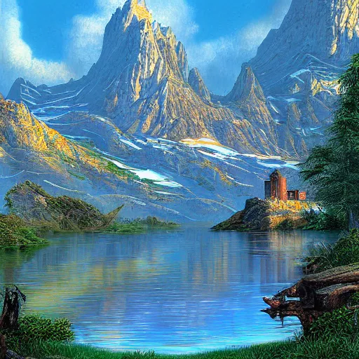 Image similar to fortress in the back country beside a lake, Darrell k sweet, digital art