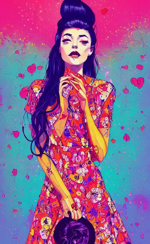 Image similar to an ultra detailed beautiful painting of a stylish woman with colorful sundress, concert poster, modern retro, symmetrical, harumi hironaka, conrad roset, greg rutkowski