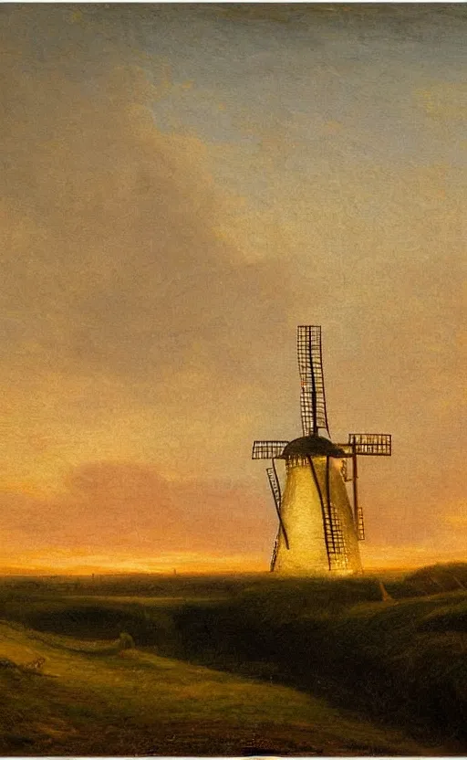 Prompt: a beautiful landscape in the netherlands with a windmill at sunset, in the style of francis danby