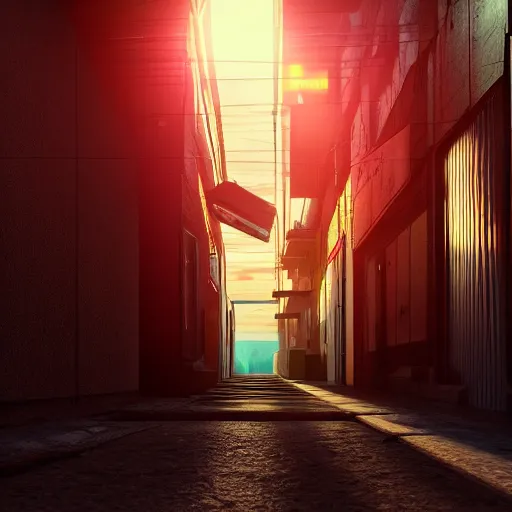 Prompt: ultradetailed 8 k hd octane render of a cyberpunk alleyway at sunset